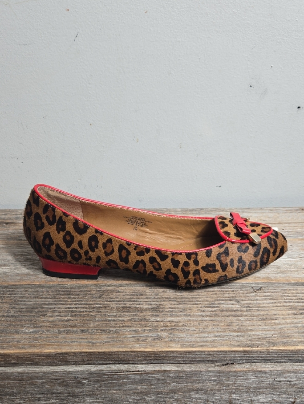 Isaac Mzrahi Leather Cow Hair Leopard Print Ballet Flat with Red Patent Trim